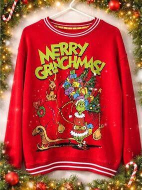 Grinch Christmas Sweatshirt Large Red Merry Grinchmas Holiday Graphic Crewneck
